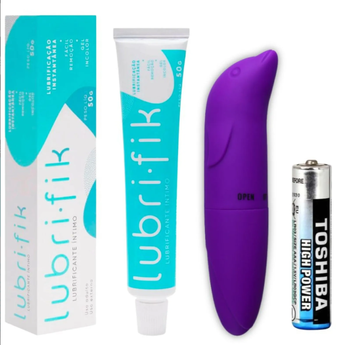 Kit Vibrador Golfinho Roxo, Lubrificante 50g e Pilha Alcalina